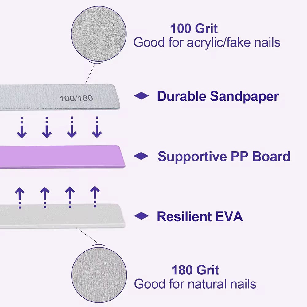 Professional 100/180 Grit Zebra Nail Files (Washable & Reusable) 100pcs