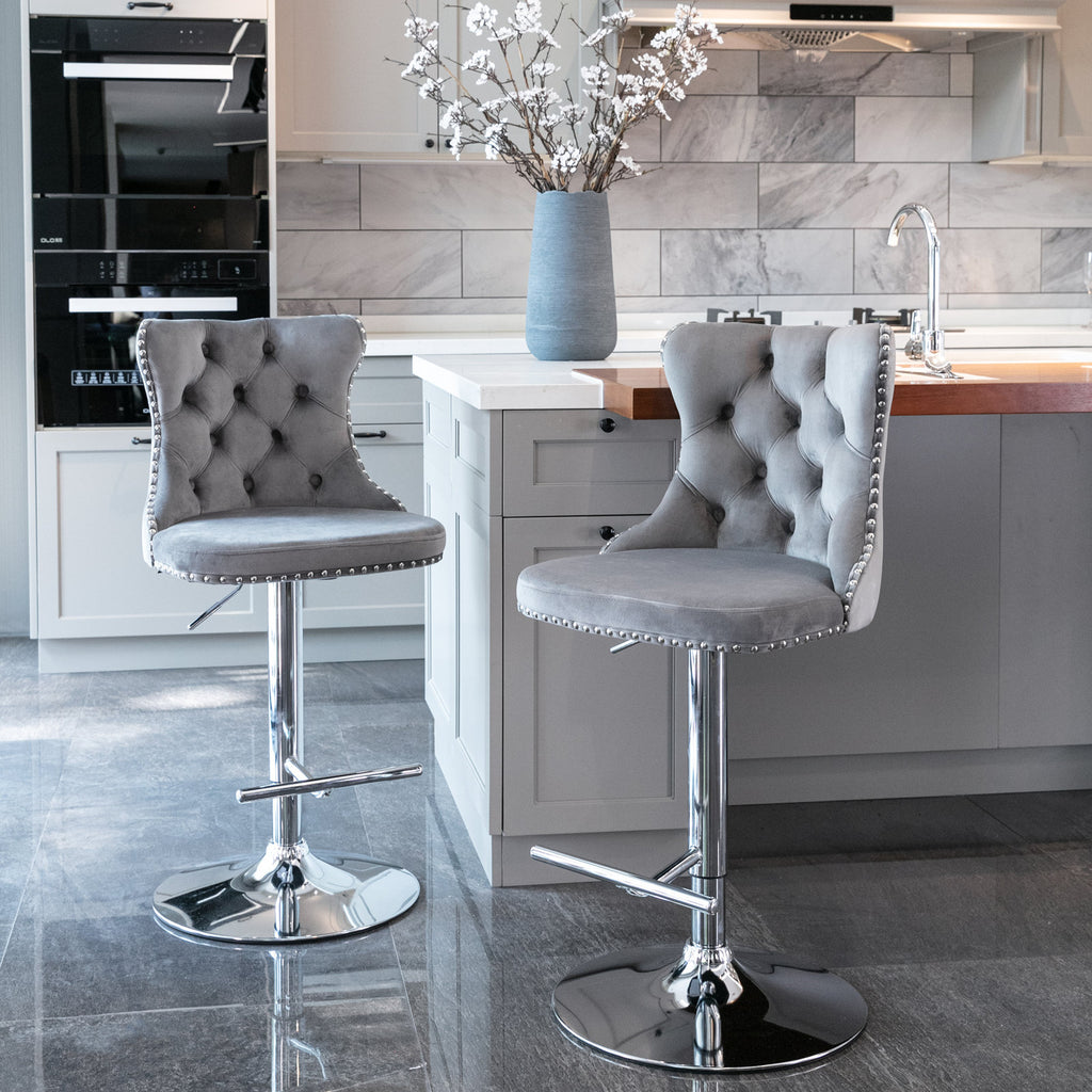 Swivel Velvet Barstools – Modern Adjustable Bar Chairs with Tufted Backrest