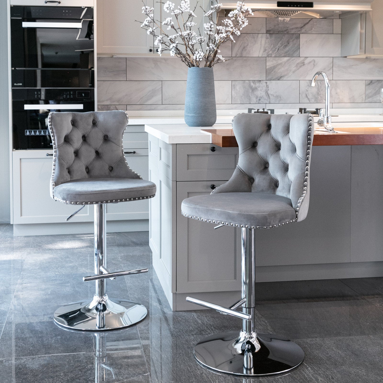 Swivel Velvet Barstools – Modern Adjustable Bar Chairs with Tufted Backrest